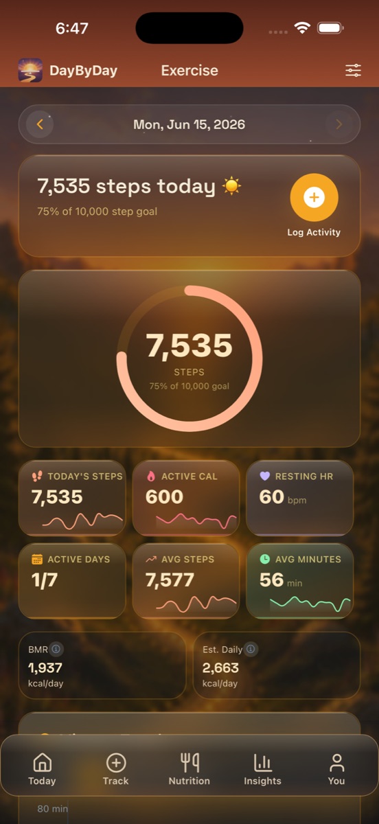 Activity screen showing 7,535 steps toward a 10,000 goal, active calories, resting heart rate, active days, and daily burn estimates