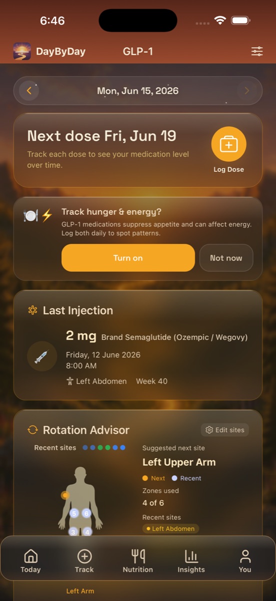 GLP-1 detail screen showing a next-dose card for Friday, a Log Dose button, the last injection (2 mg Brand Semaglutide, Left Abdomen, Week 40), and the Rotation Advisor suggesting Left Upper Arm