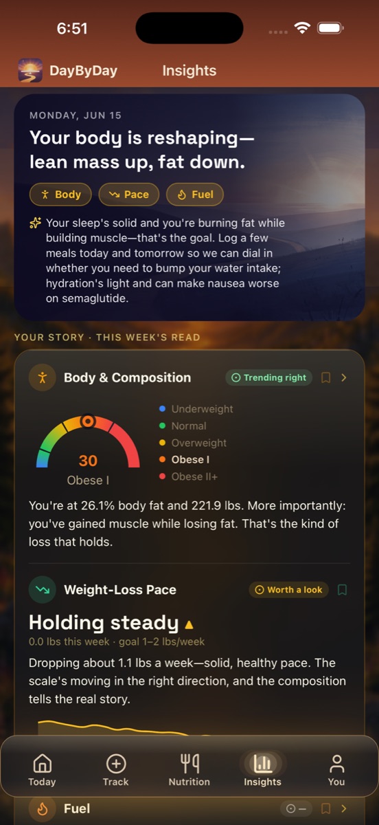 The Insights tab showing Dayo's daily read and the 'Your Story · This Week's Read' cards for Body, Pace, and Fuel