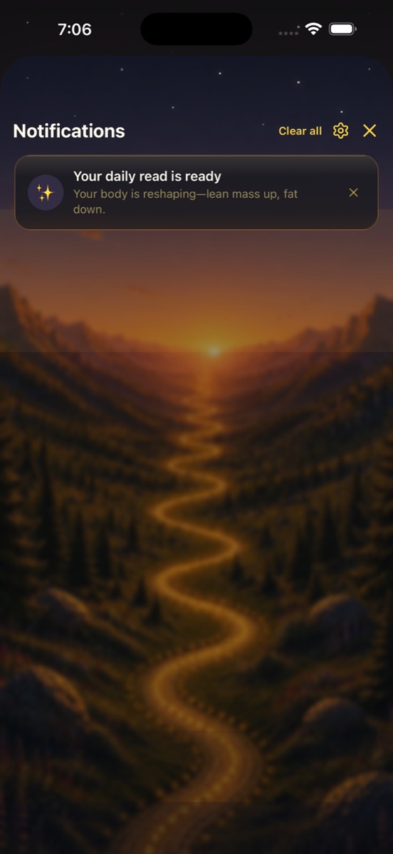 The Notification Center showing 'Your daily read is ready' over the Journey Mode sunset artwork