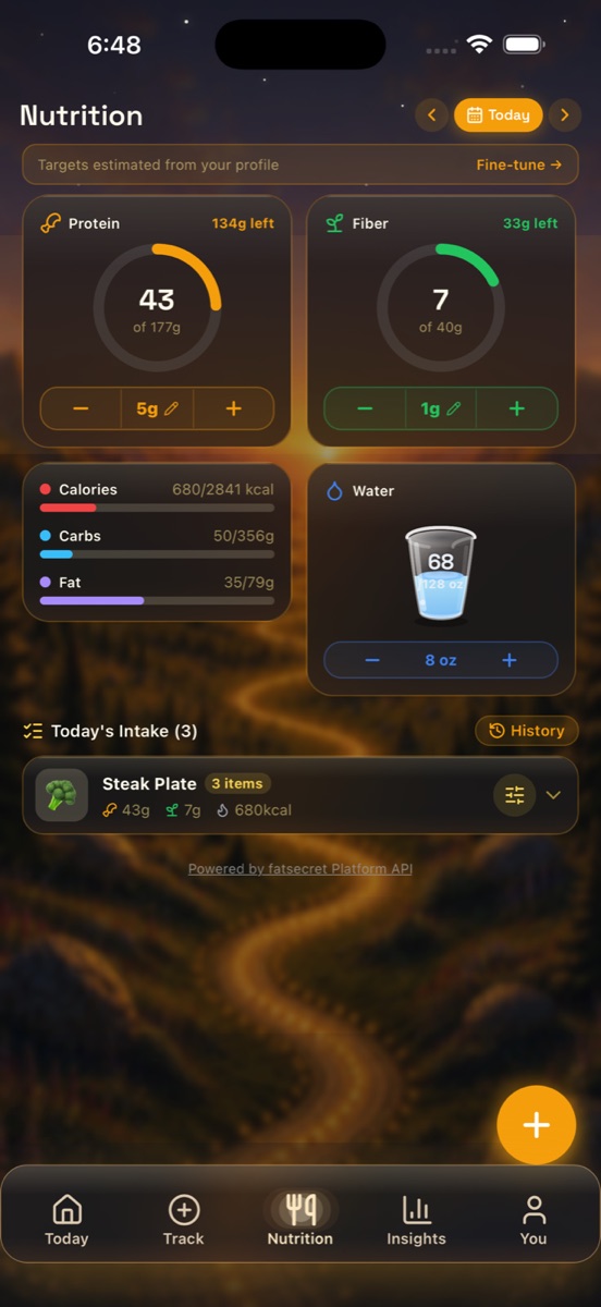 The Nutrition tab showing a Protein ring at 43 of 177g, a Fiber ring at 7 of 40g, a Calories/Carbs/Fat card, a Water card, and Today's Intake with a Steak Plate meal