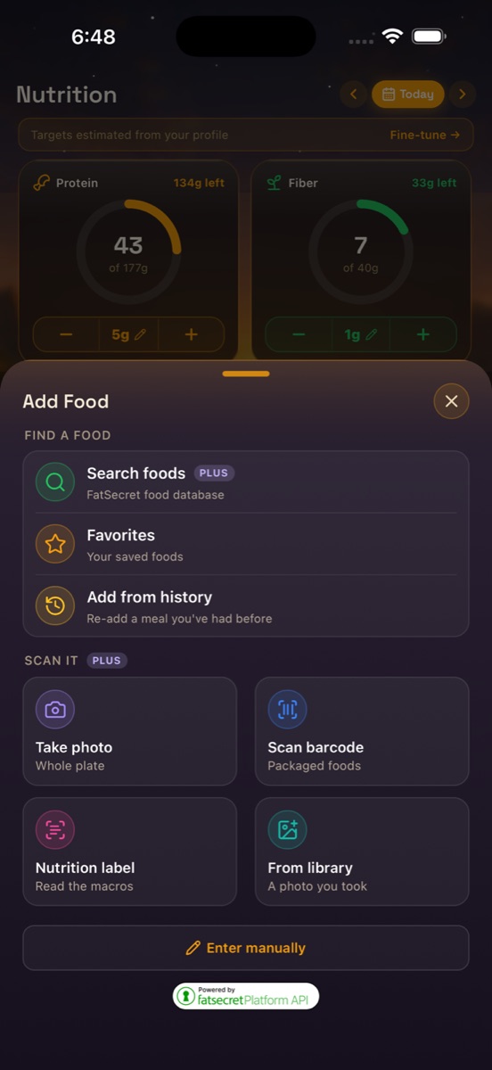 The Add Food sheet showing Search foods, Favorites, and Add from history under 'Find a food', then Take photo, Scan barcode, Nutrition label, and From library under 'Scan it', plus an Enter manually button