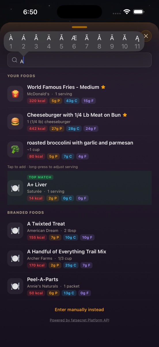 Search Foods results with colorized macro chips per item β Your Foods, a Top Match, and Branded Foods β and the hint 'Tap to add Β· long-press to adjust serving'