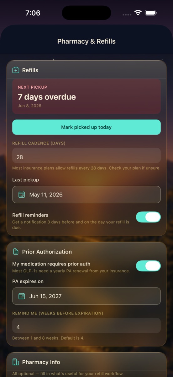 Pharmacy & Refills screen showing a next-pickup tracker marked 7 days overdue, a 'Mark picked up today' button, a 28-day refill cadence, refill reminders toggle, and a Prior Authorization card with a PA expiry date