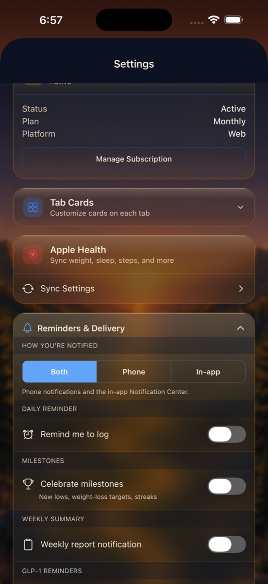 Settings → Reminders & Delivery expanded, showing the Both/Phone/In-app channel toggle and category switches