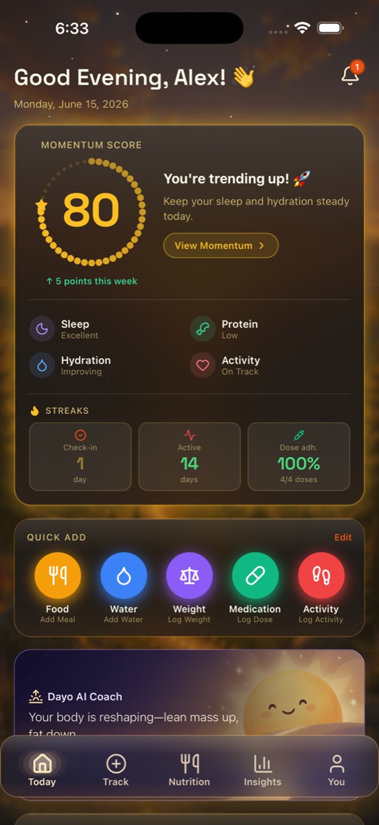 Today tab Quick Add row with Food, Water, Weight, Medication and Activity buttons