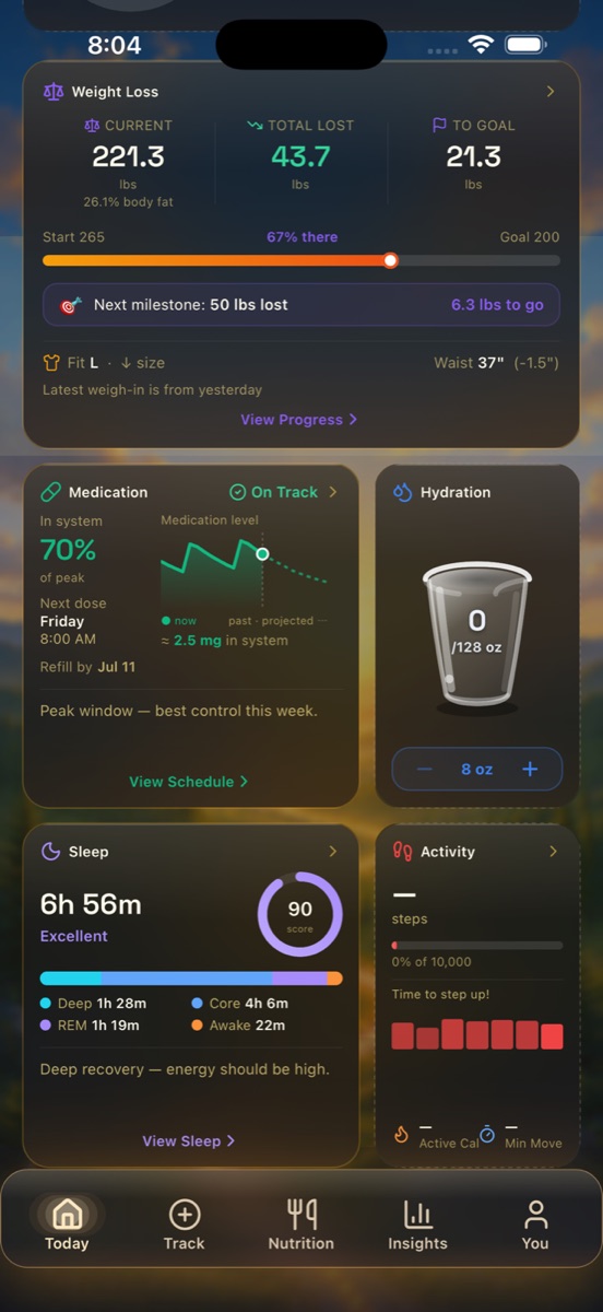 Today tab scrolled to the Sleep card showing 6h 56m, a Sleep Score of 90, and a stage breakdown