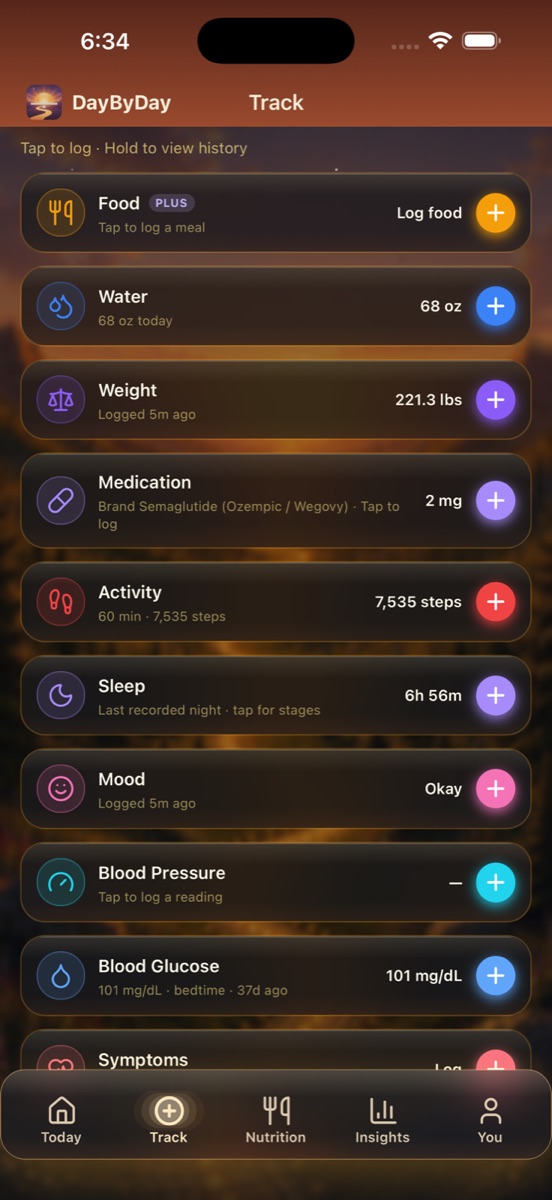 The Track tab listing quick-log rows including Mood, Water, Blood Pressure, Blood Glucose, and Symptoms, each showing its last value