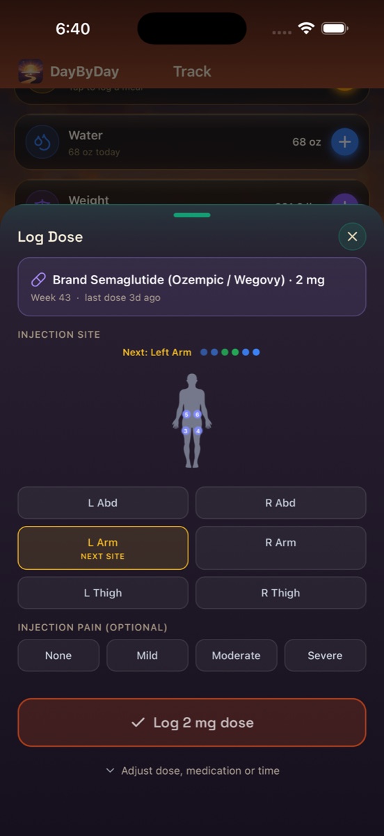 The Log Dose bottom sheet showing the medication banner, an injection-site body diagram with the next site highlighted, an optional injection-pain scale, and a Log dose button
