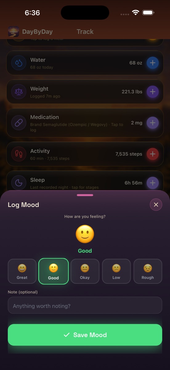 The Log Mood sheet asking 'How are you feeling?' with a five-point scale — Great, Good, Okay, Low, Rough — Good selected, and an optional note field