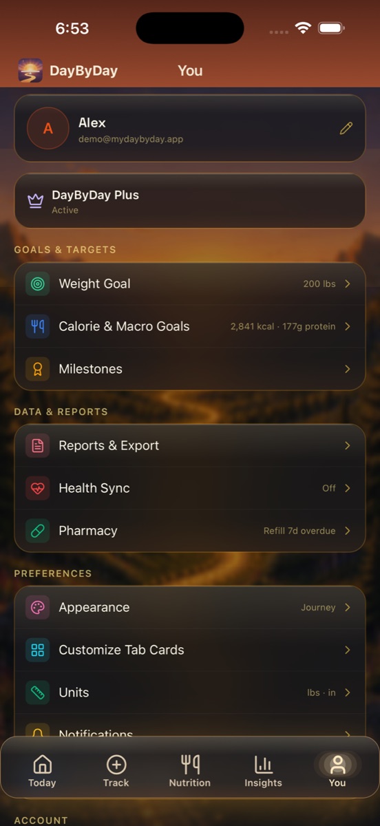 The You tab showing the profile card, plan status, Goals & Targets, Data & Reports, and Preferences sections