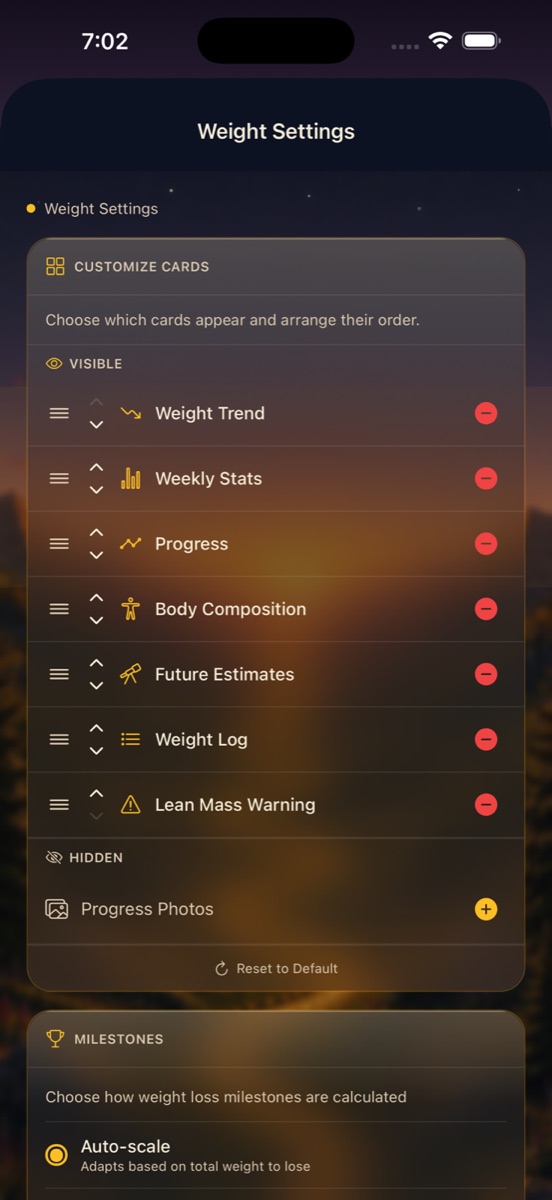 Weight Settings screen showing Customize Cards with Visible and Hidden lists, drag handles, and Milestones settings